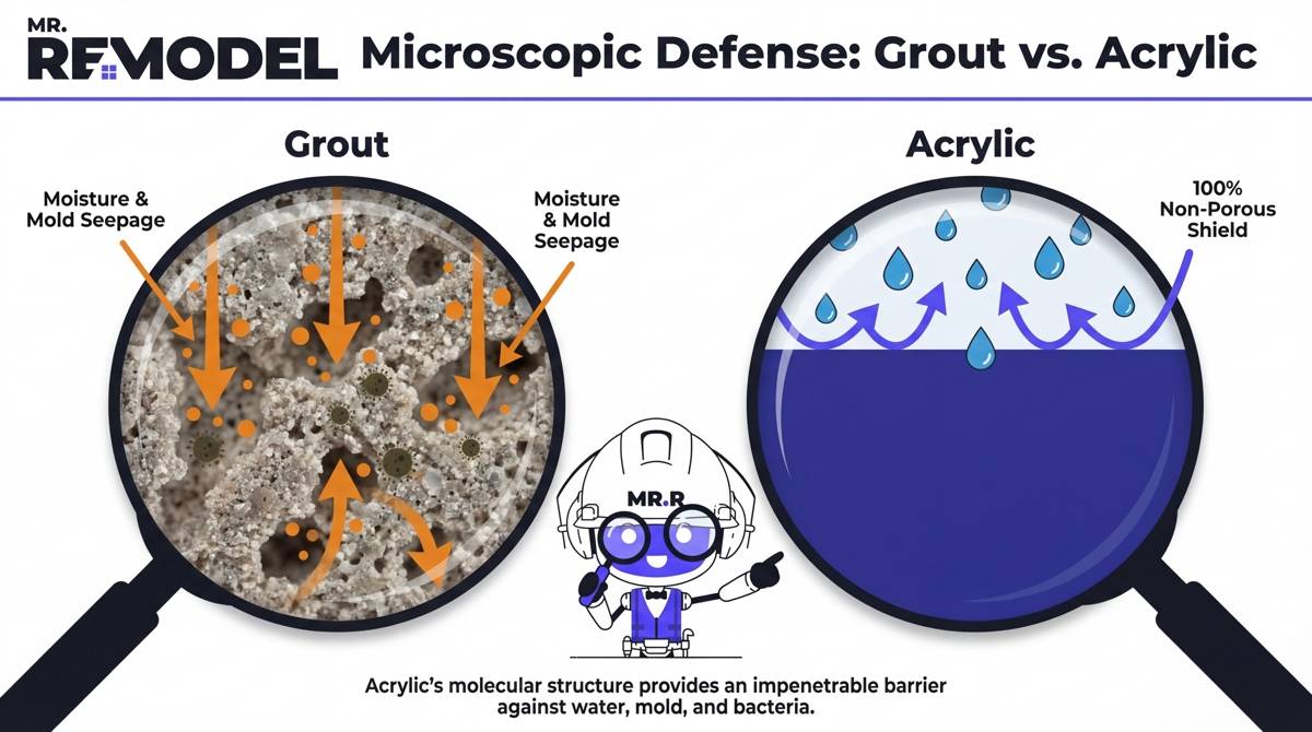 A technical infographic comparing the microscopic surface of porous grout, which allows moisture seepage, to a non-porous acrylic surface that blocks water and mold.